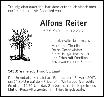 Traueranzeige von Alfons Reiter von trierischer_volksfreund