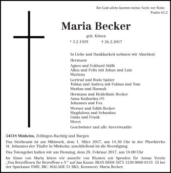 Traueranzeige von Maria Becker von trierischer_volksfreund