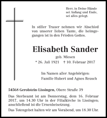 Traueranzeige von Elisabeth Sander von trierischer_volksfreund