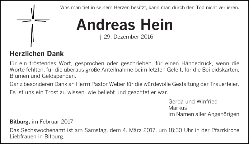  Traueranzeige für Andreas Hein vom 25.02.2017 aus trierischer_volksfreund