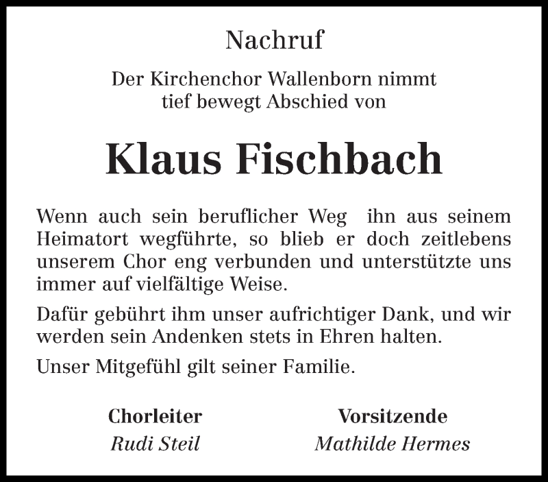  Traueranzeige für Klaus Fischbach vom 14.02.2017 aus trierischer_volksfreund