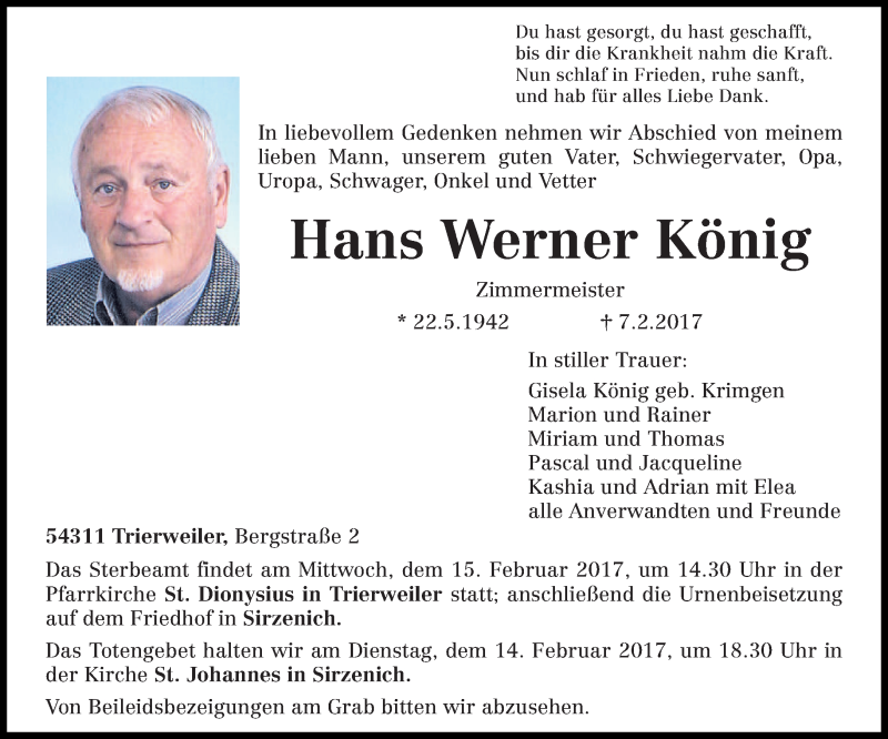  Traueranzeige für Hans Werner König vom 11.02.2017 aus trierischer_volksfreund