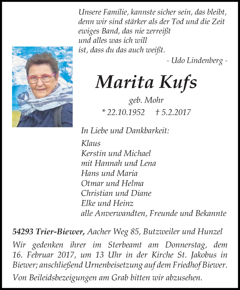  Traueranzeige für Marita Kufs vom 11.02.2017 aus trierischer_volksfreund