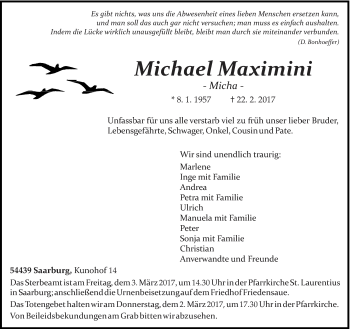 Traueranzeige von Michael Maximini von trierischer_volksfreund