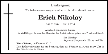 Traueranzeige von Erich Nikolay von trierischer_volksfreund
