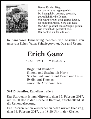 Traueranzeige von Erich Ganz von trierischer_volksfreund