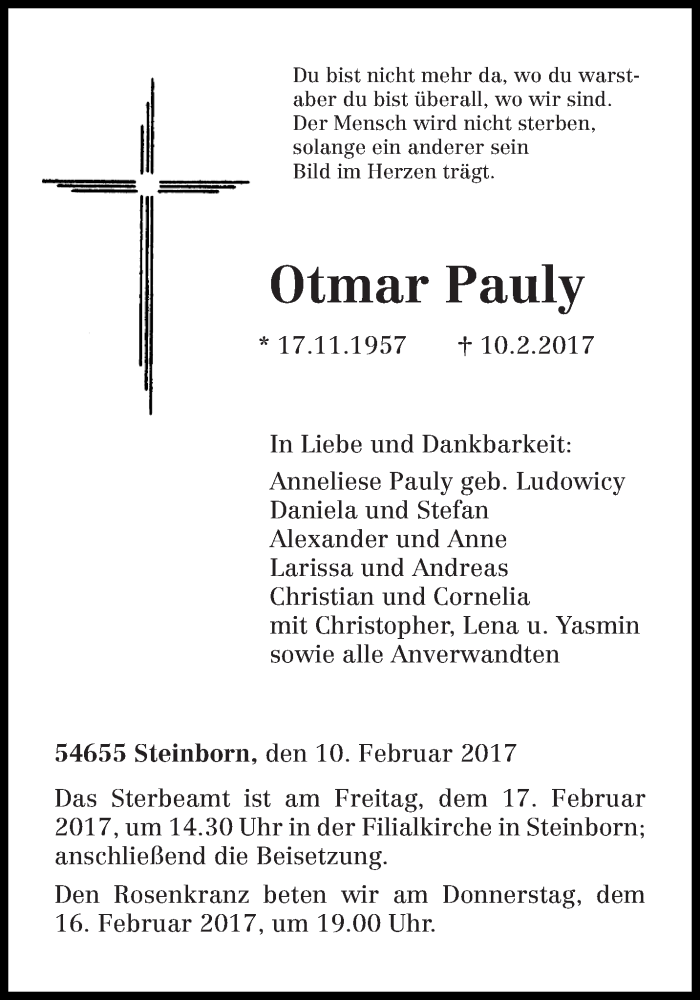  Traueranzeige für Otmar Pauly vom 14.02.2017 aus trierischer_volksfreund