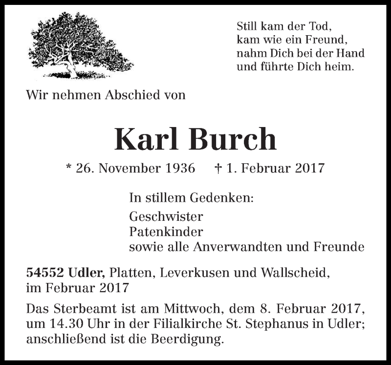  Traueranzeige für Karl Burch vom 06.02.2017 aus trierischer_volksfreund