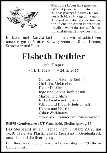 Traueranzeige von Elsbeth Dethier von trierischer_volksfreund