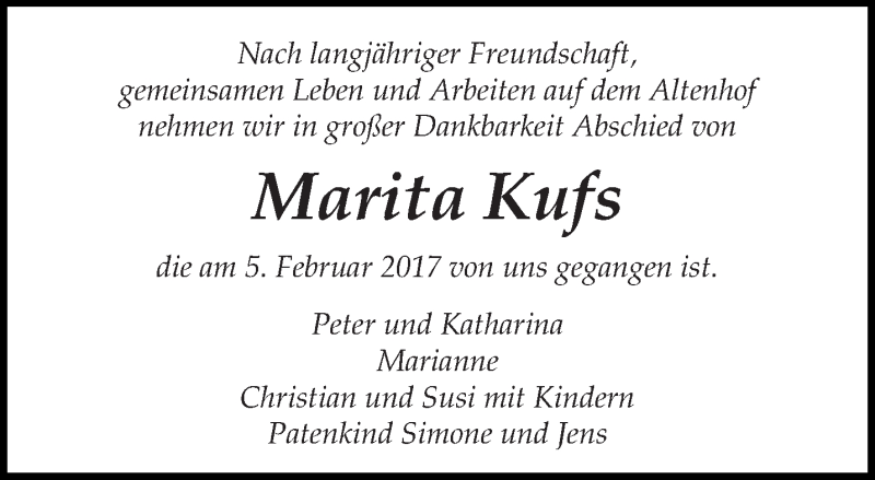  Traueranzeige für Marita Kufs vom 11.02.2017 aus trierischer_volksfreund