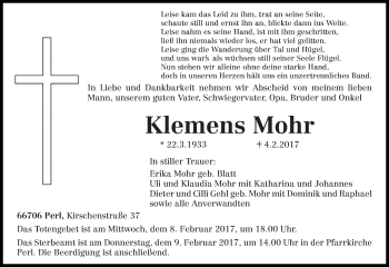 Traueranzeige von Klemens Mohr von trierischer_volksfreund