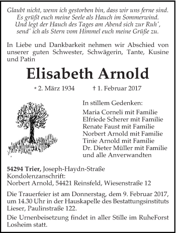 Traueranzeige von Elisabeth Arnold von trierischer_volksfreund