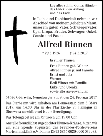 Traueranzeige von Alfred Rinnen von trierischer_volksfreund