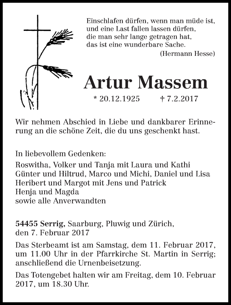  Traueranzeige für Artur Massem vom 09.02.2017 aus trierischer_volksfreund