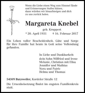 Traueranzeige von Margareta Knebel von trierischer_volksfreund