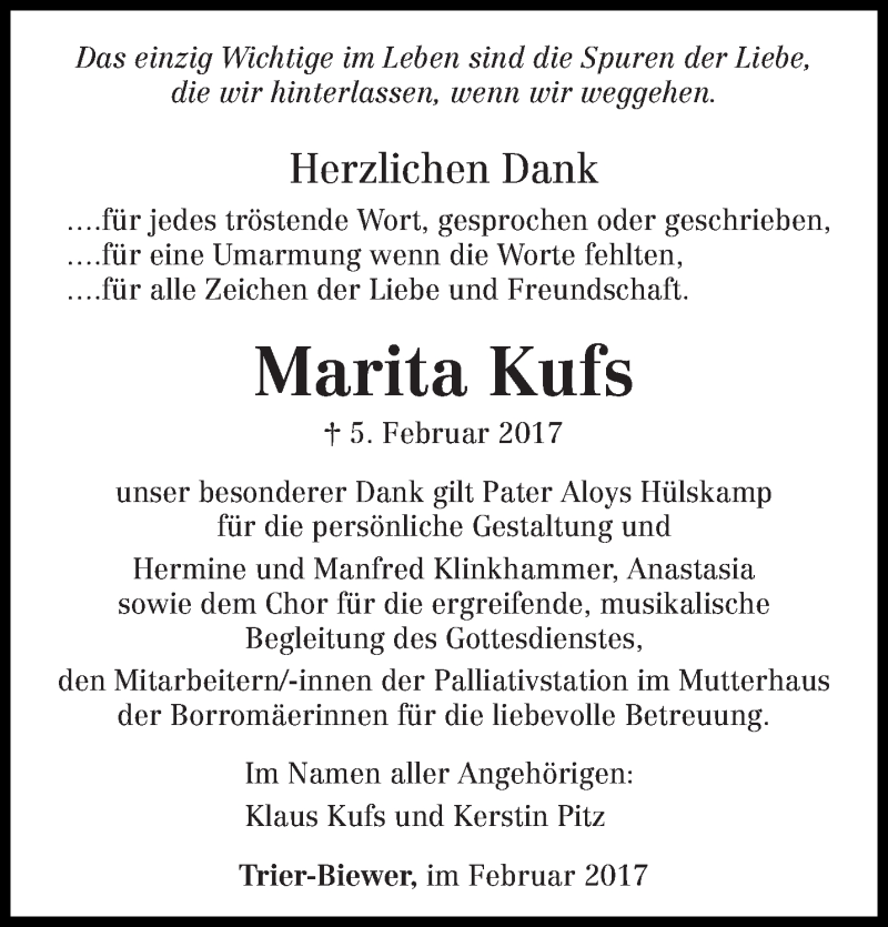  Traueranzeige für Marita Kufs vom 22.02.2017 aus trierischer_volksfreund