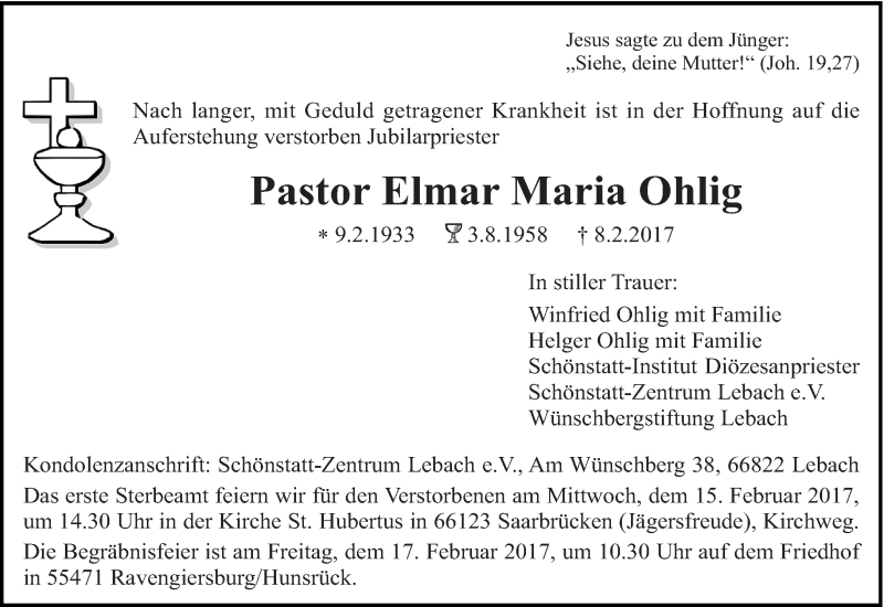  Traueranzeige für Elmar Maria Ohlig vom 11.02.2017 aus trierischer_volksfreund