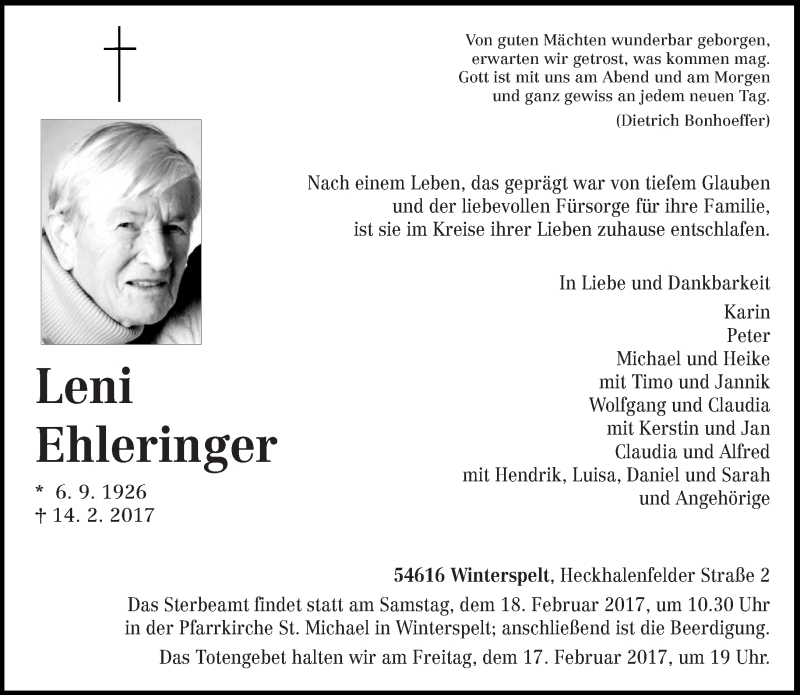  Traueranzeige für Leni Ehleringer vom 16.02.2017 aus trierischer_volksfreund