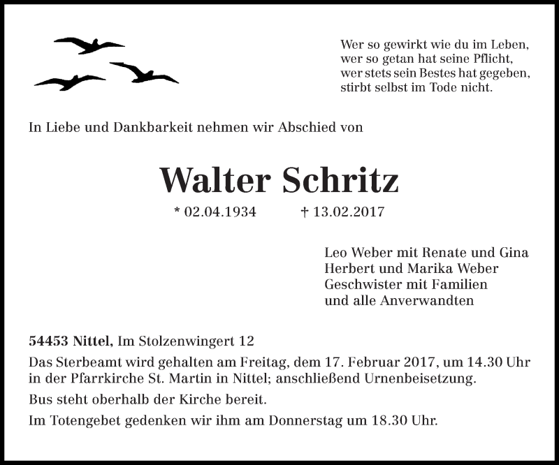  Traueranzeige für Walter Schritz vom 15.02.2017 aus trierischer_volksfreund