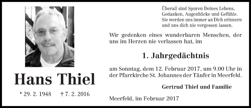  Traueranzeige für Hans Thiel vom 04.02.2017 aus trierischer_volksfreund