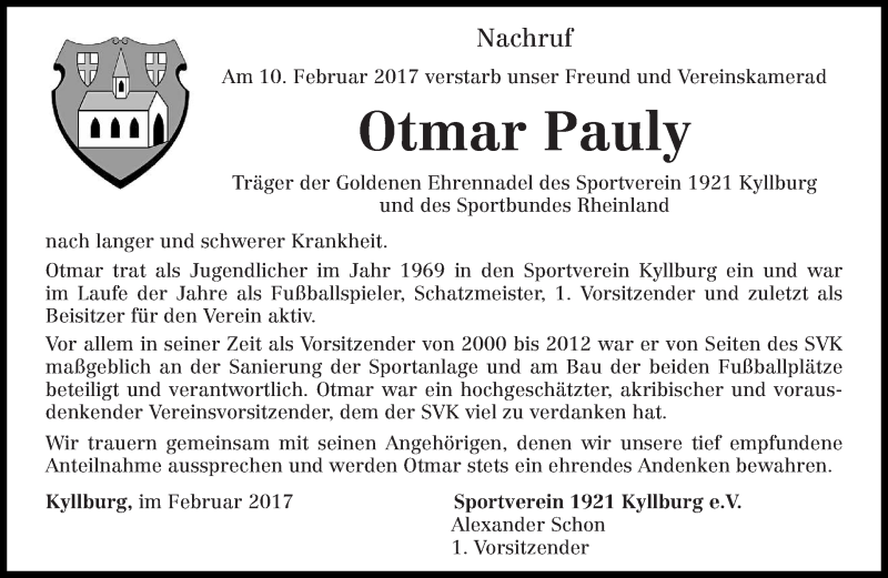  Traueranzeige für Otmar Pauly vom 14.02.2017 aus trierischer_volksfreund