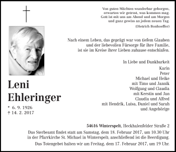 Traueranzeige von Leni Ehleringer von trierischer_volksfreund