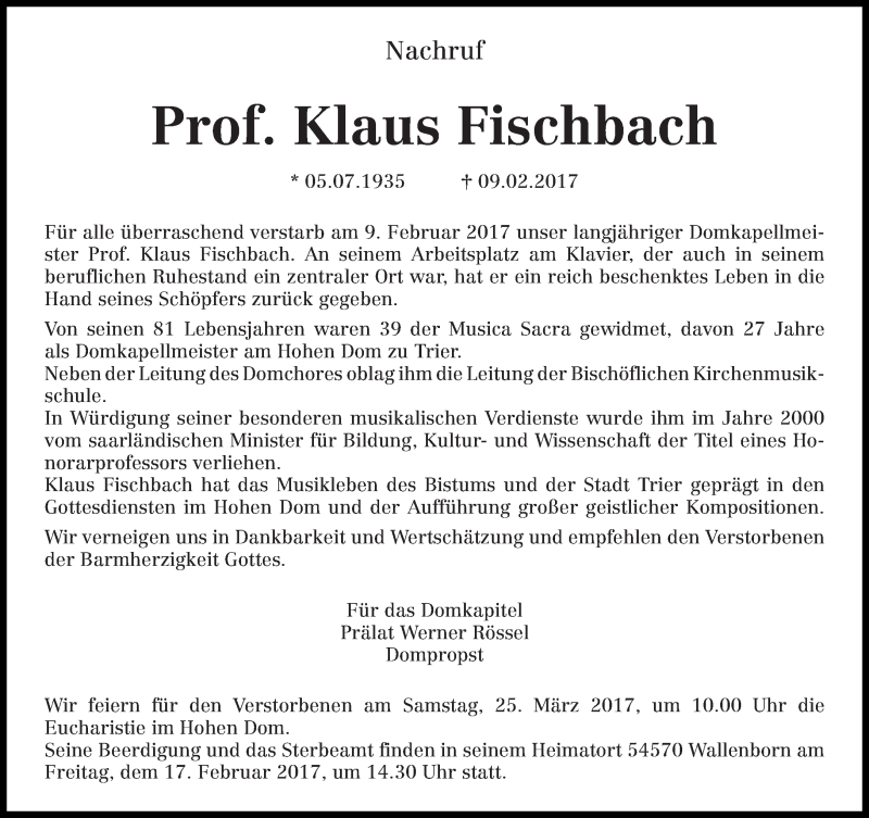  Traueranzeige für Klaus Fischbach vom 15.02.2017 aus trierischer_volksfreund