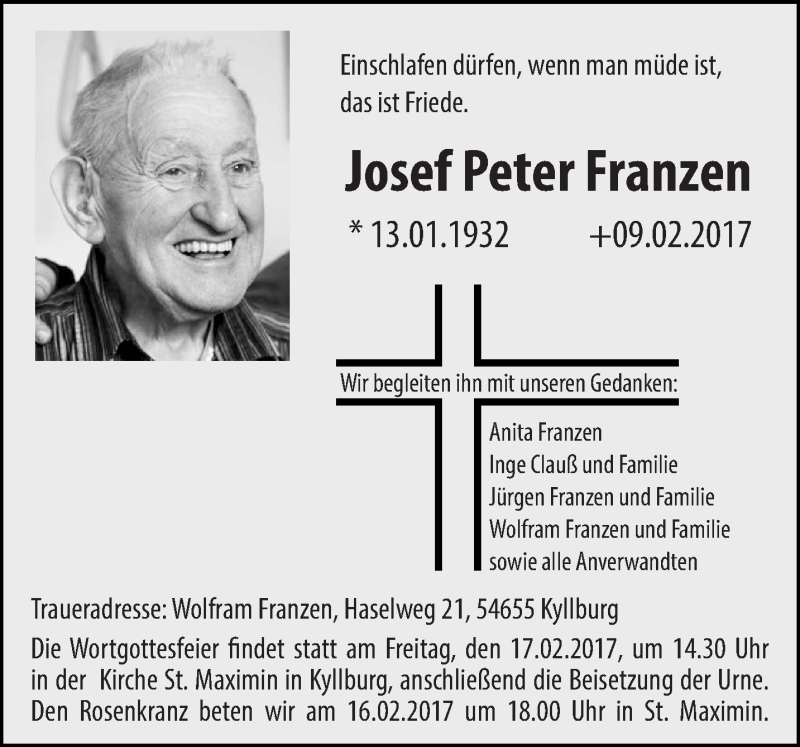  Traueranzeige für Josef Peter Franzen vom 11.02.2017 aus trierischer_volksfreund