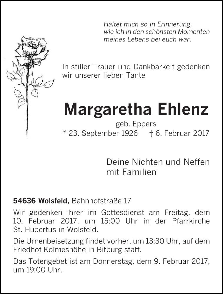  Traueranzeige für Margaretha Ehlenz vom 08.02.2017 aus trierischer_volksfreund