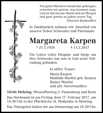 Traueranzeige von Margareta Karpen von trierischer_volksfreund