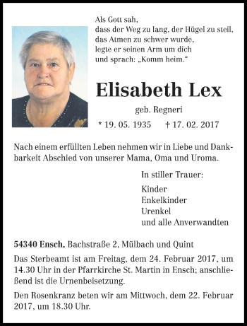 Traueranzeige von Elisabeth Lex von trierischer_volksfreund