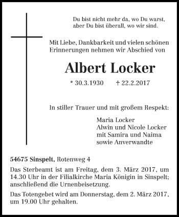 Traueranzeige von Albert Locker von trierischer_volksfreund