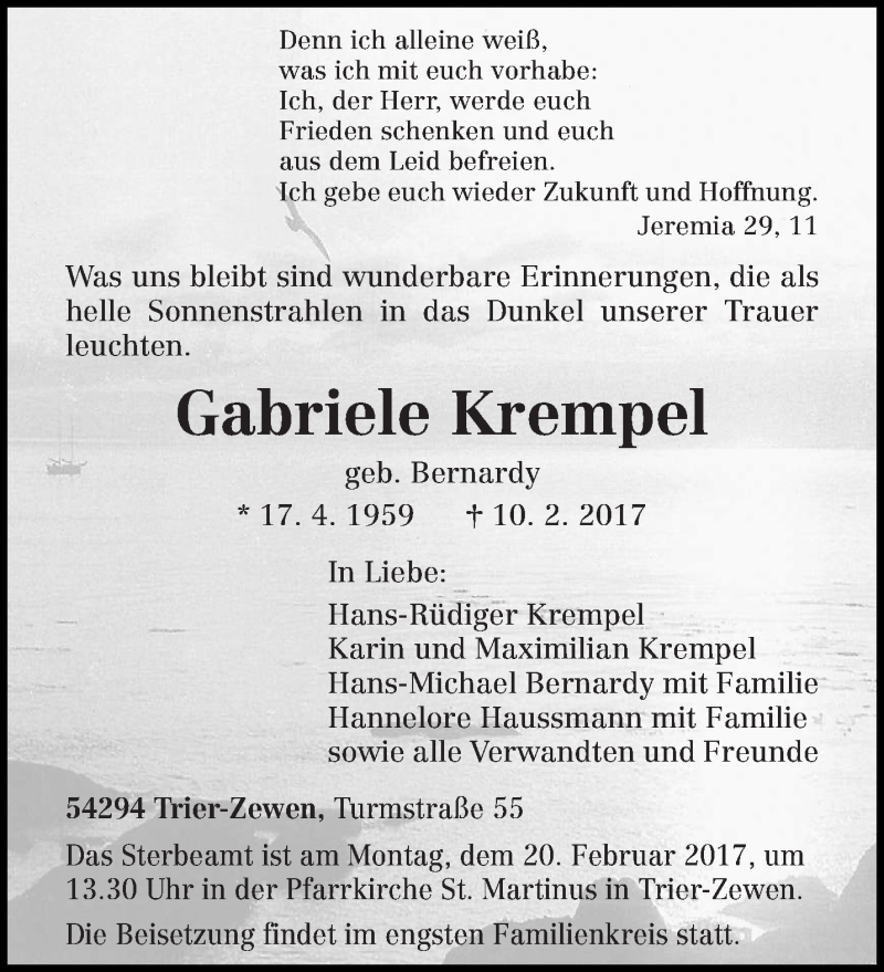  Traueranzeige für Gabriele Krempel vom 15.02.2017 aus trierischer_volksfreund