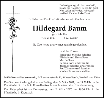 Traueranzeige von Hildegard Baum von trierischer_volksfreund