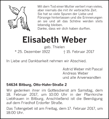 Traueranzeige von Elisabeth Weber von trierischer_volksfreund