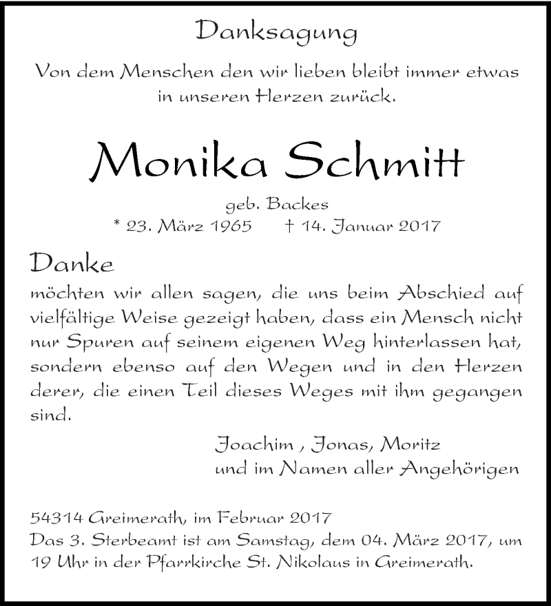  Traueranzeige für Monika Schmitt vom 25.02.2017 aus trierischer_volksfreund