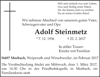 Traueranzeige von Adolf Steinmetz von trierischer_volksfreund