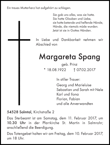 Traueranzeige von Margareta Spang von trierischer_volksfreund