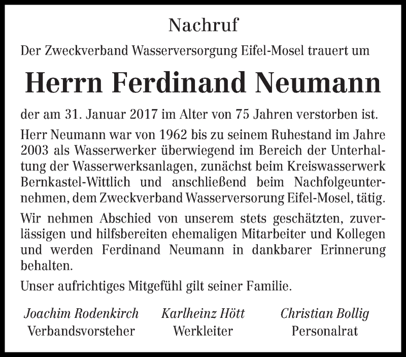  Traueranzeige für Ferdinand Neumann vom 03.02.2017 aus trierischer_volksfreund