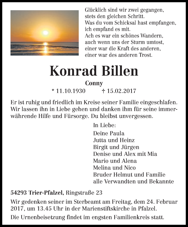  Traueranzeige für Konrad Billen vom 21.02.2017 aus trierischer_volksfreund