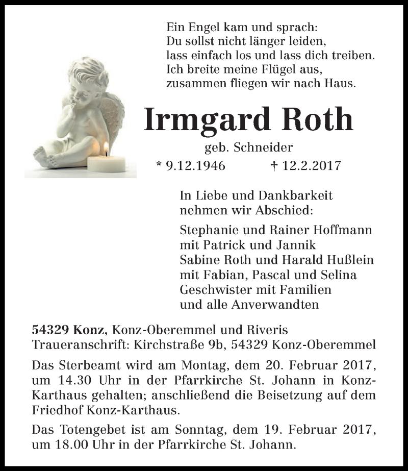  Traueranzeige für Irmgard Roth vom 17.02.2017 aus trierischer_volksfreund