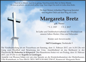 Traueranzeige von Margareta Bretz von trierischer_volksfreund