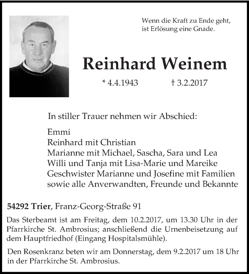  Traueranzeige für Reinhard Weinem vom 08.02.2017 aus trierischer_volksfreund