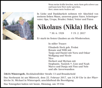 Traueranzeige von Nikolaus (Nikla) Heck von trierischer_volksfreund