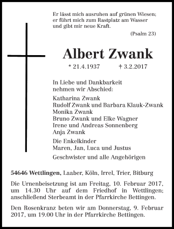 Traueranzeige von Albert Zwank von trierischer_volksfreund