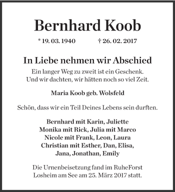 Traueranzeige von Bernhard Koob von trierischer_volksfreund