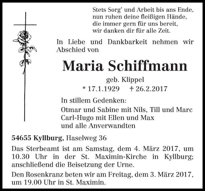  Traueranzeige für Maria Schiffmann vom 01.03.2017 aus trierischer_volksfreund