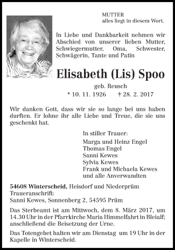 Traueranzeige von Elisabeth  Spoo von trierischer_volksfreund