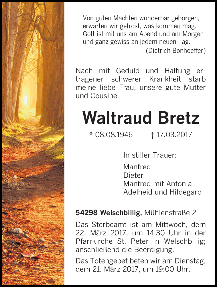  Traueranzeige für Waltraud Bretz vom 20.03.2017 aus trierischer_volksfreund