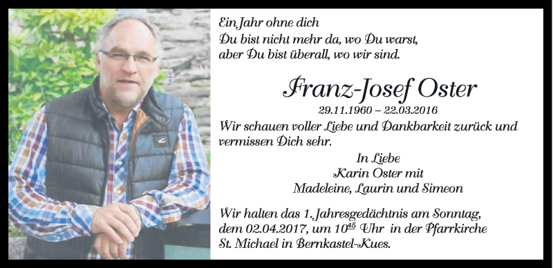  Traueranzeige für Franz Josef Oster vom 25.03.2017 aus trierischer_volksfreund